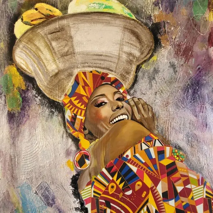 Cali Me Happy: a laughing woman in a patterned headwrap carrying a basket of fruit