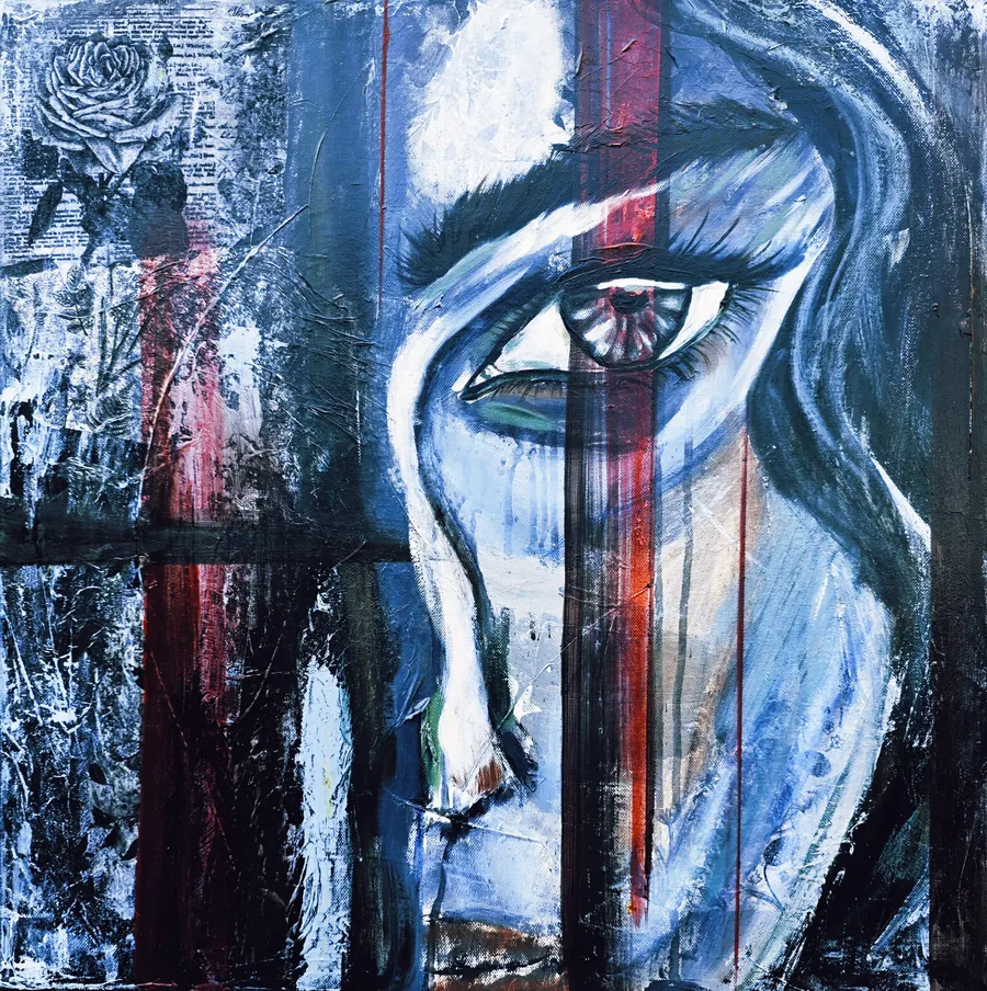 She Was Always Whole, Deep Gaze: a painted eye and brow in blue with red vertical lines