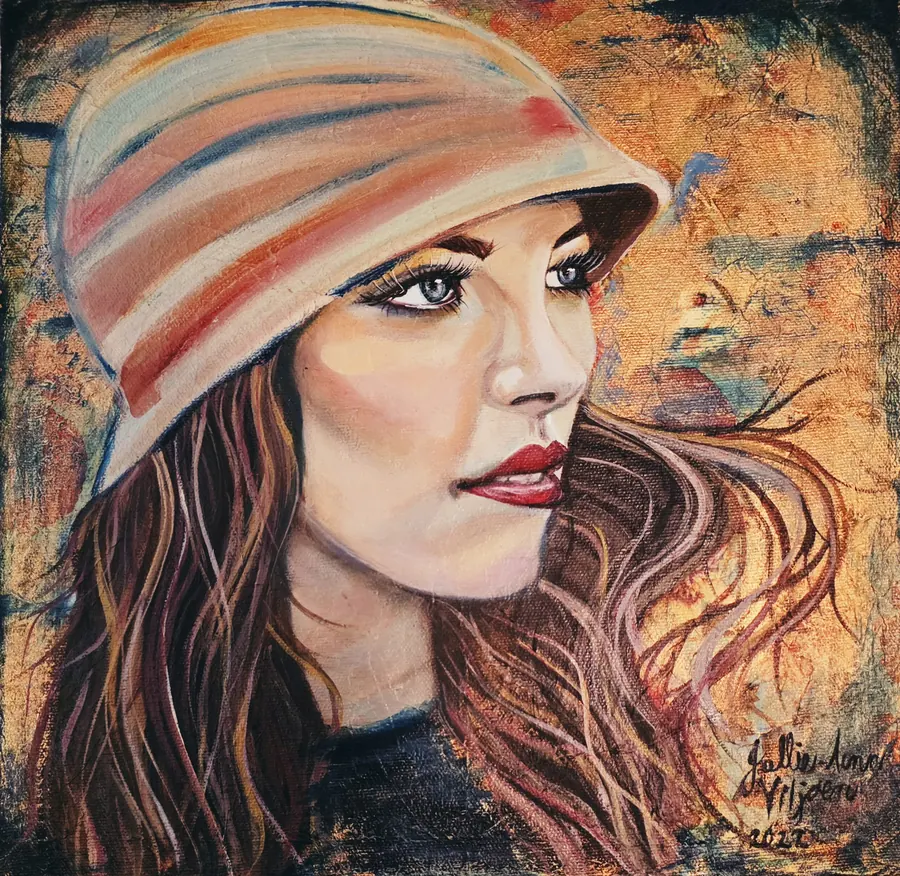 Timeless: portrait of a woman in a striped cloche hat on a gold ground