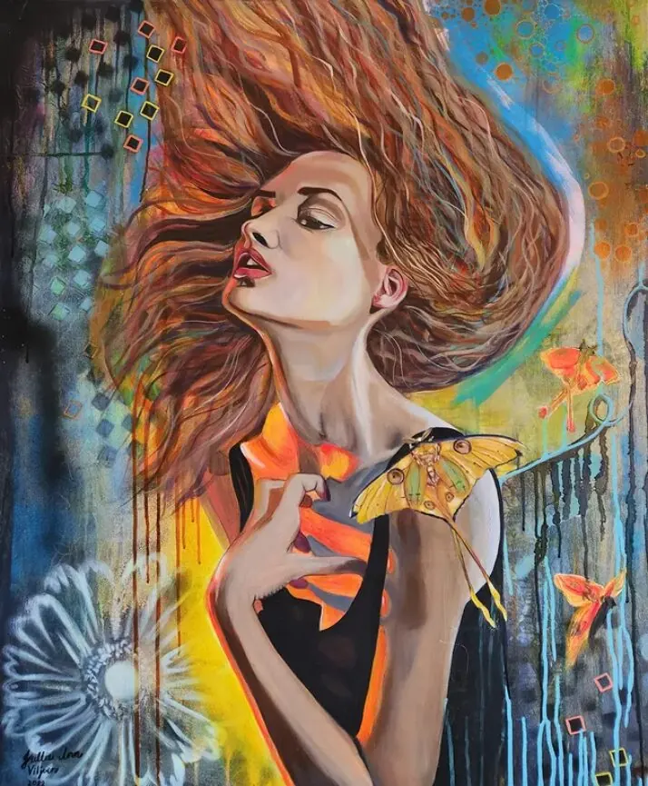 A woman with windswept copper hair and a golden moth