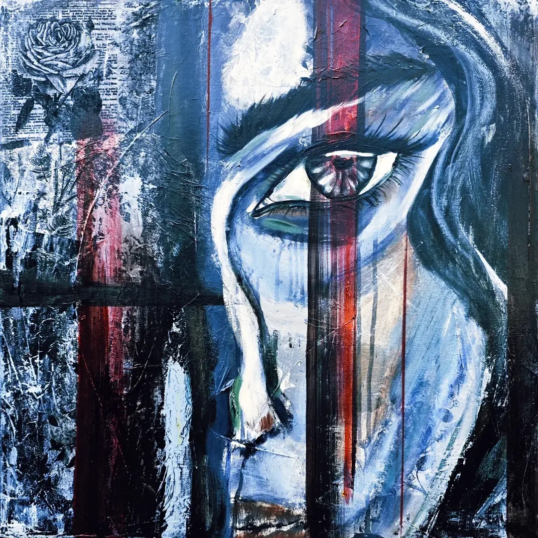 She Was Always Whole, Deep Gaze: a painted eye and brow in blue with red vertical lines