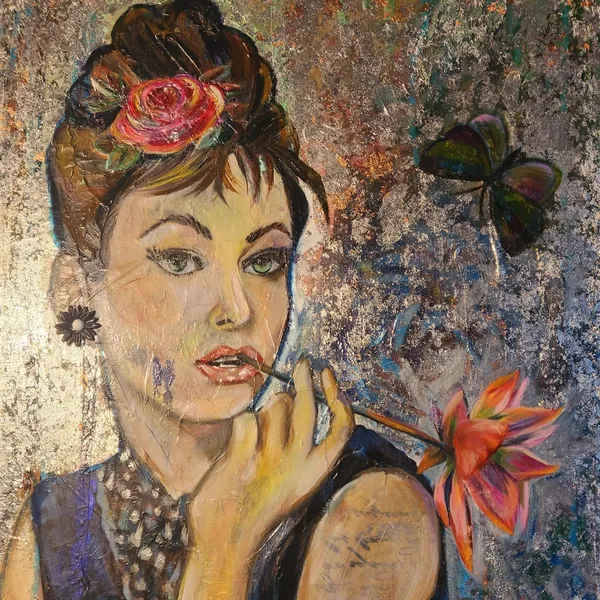 Painting by Jullie-Ann Viljoen: a woman holding a lily, with a rose in her hair