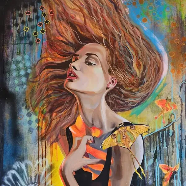 Painting by Jullie-Ann Viljoen: a woman with windswept copper hair and a golden moth