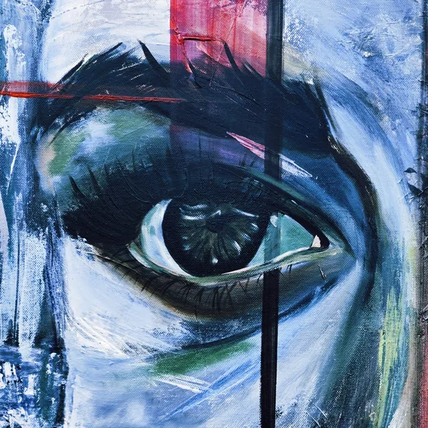 Detail of She Was Always Whole: a painted eye and brow in blue