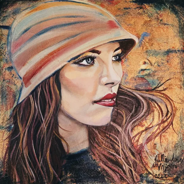 Timeless series: portrait of a woman in a striped cloche hat on a gold ground