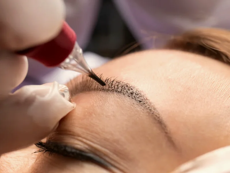 Soft powdered shading placed along a brow with a fine permanent makeup needle